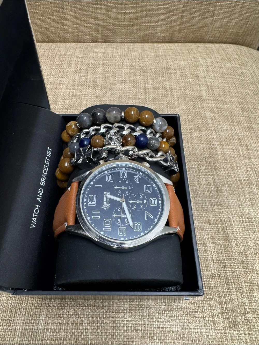 American Exchange Men's Watch & Bracelet Set Silver Tone Brown Strap